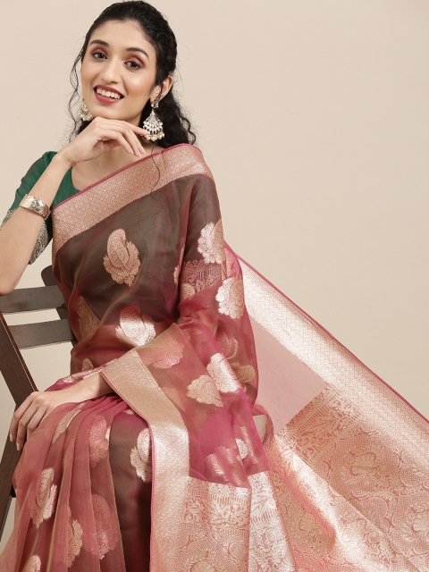 

Saree mall Brown Ethnic Motifs Zari Organza Banarasi Sarees