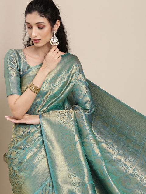 

Saree mall Blue Ethnic Motifs Zari Silk Blend Banarasi Sarees