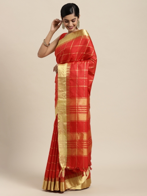 

Rajesh Silk Mills Red & Gold-Toned Checked Zari Silk Blend Saree