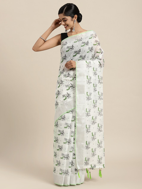 

Rajesh Silk Mills White & Green Ethnic Motifs Pure Cotton Saree
