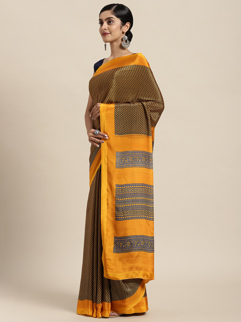 

Rajesh Silk Mills Mustard & Black Ethnic Motifs Saree