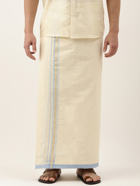

Thangamagan Men Off-White & Blue Solid Pure Cotton Dhoti With Fancy Border