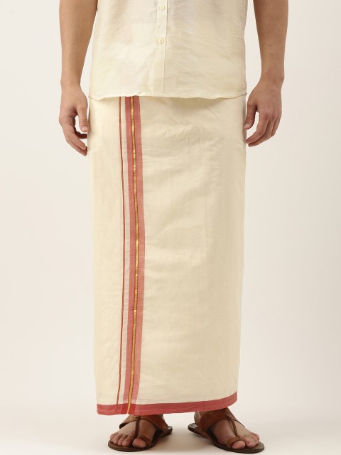 

Thangamagan Men Off-White & Maroon Solid Pure Cotton Dhoti With Fancy Border
