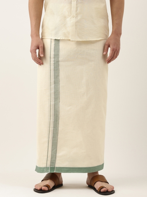 

Thangamagan Men Off-White & Green Solid Pure Cotton Dhoti With Fancy Border