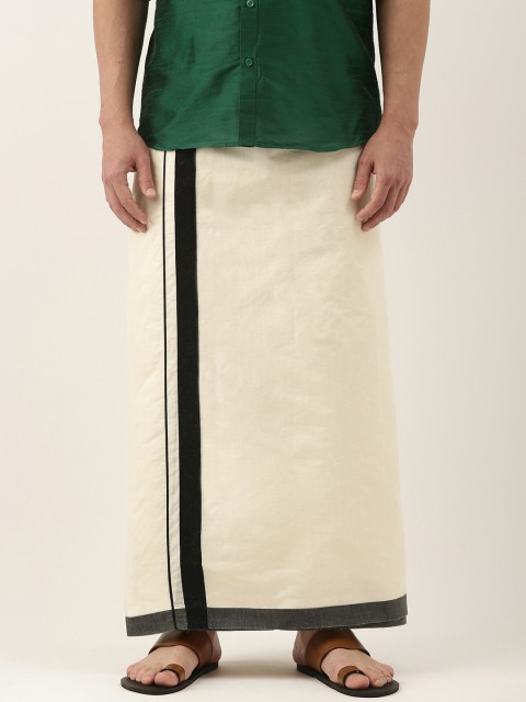 

Thangamagan Off-White & Black Solid Cotton Fancy Border Dhoti With Stripe Detail