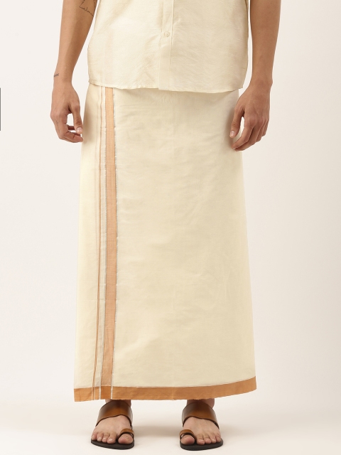 

Thangamagan Off-White & Mustard Yellow Solid Cotton Fancy Border Dhoti With Stripe Detail