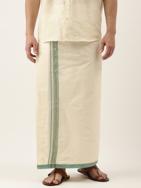 

Thangamagan Men Off-White & Green Solid Pure Cotton Dhoti With Fancy Border