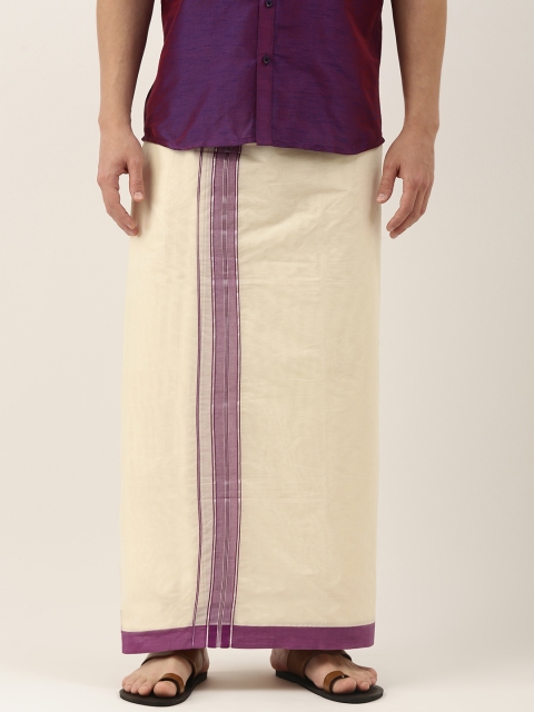 

THANGAMAGAN Men Off-White Solid Pure Cotton Dhoti with Fancy Border