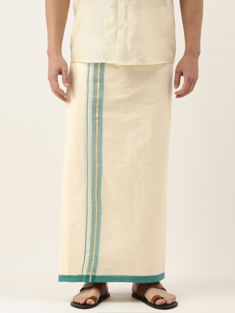 

Thangamagan Men Off-White & Green Solid Pure Cotton Dhoti With Fancy Border