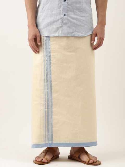 

THANGAMAGAN Men Off-White Solid Pure Cotton Dhoti with Fancy Border