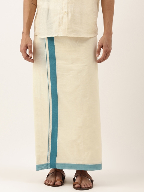 

THANGAMAGAN Men Off-White Solid Dhoti With Blue Border