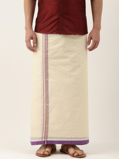 

THANGAMAGAN Men Off-White Solid Dhoti With Purple Border