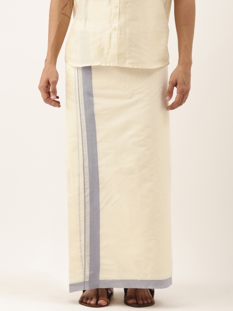 

Thangamagan Off-White & Blue Solid Cotton Fancy Border Dhoti With Stripe Detail