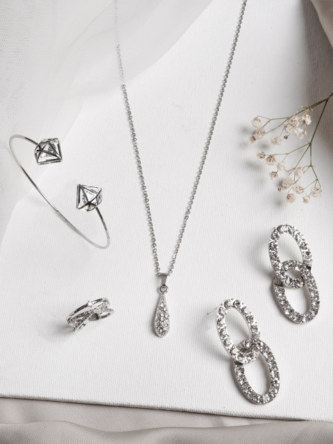 

JOKER & WITCH Silver-Toned & White Stone-Studded Lady Of Silver Jewellery Set