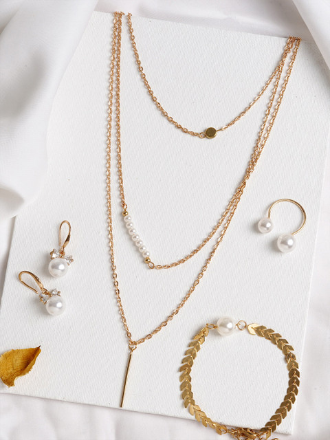 

JOKER & WITCH Gold-Toned & White Pearl-Studded Teak Mystique Jewellery Set