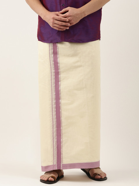 

Thangamagan Men Off White & Lavender Cotton Fancy Border Dhoti