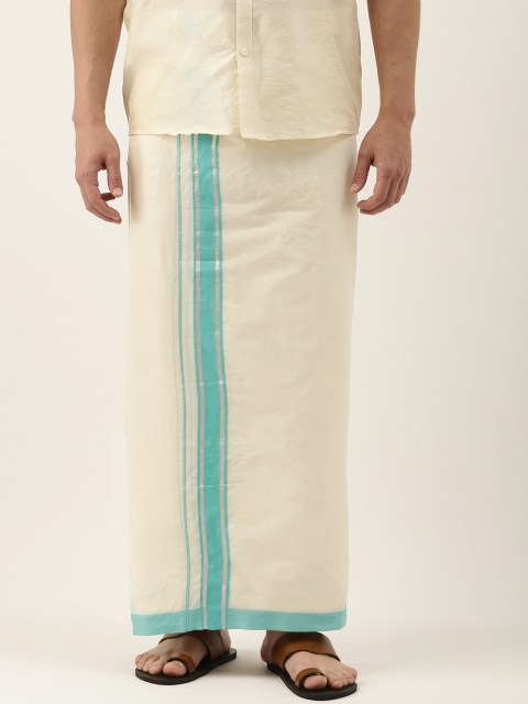 

Thangamagan Men Off-White & Blue Solid Cotton Fancy Border Dhoti With Stripe Detail