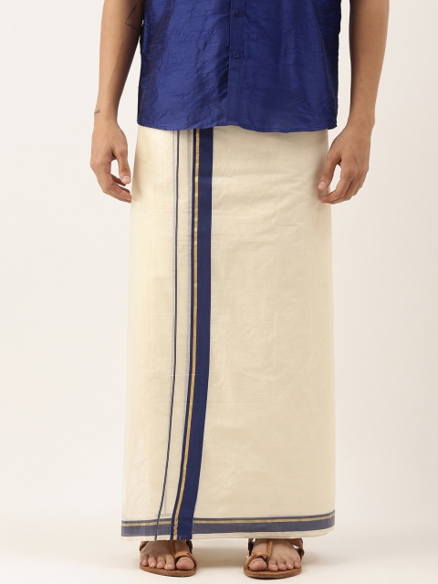 

Thangamagan Men Off-White Solid Dhoti with Blue Border