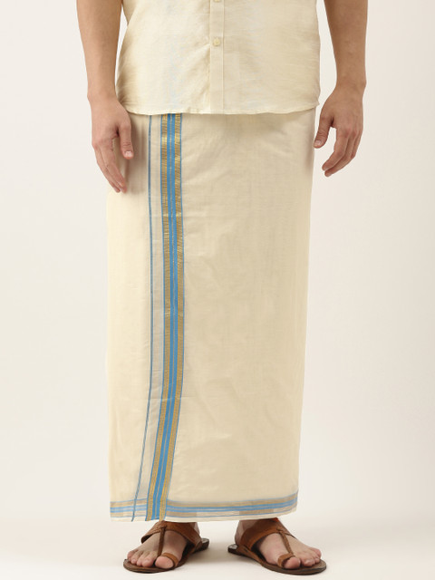 

THANGAMAGAN Men Off-White Solid Dhoti With Blue Border