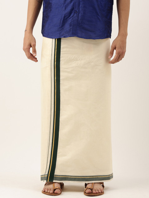 

Thangamagan Men Off-White & Green Solid Cotton Fancy Border Dhoti With Stripe Detail