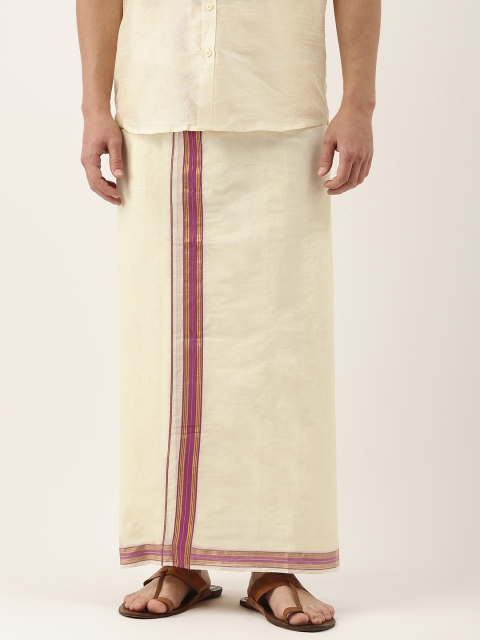 

Thangamagan Off-White & Violet Solid Cotton Fancy Border Dhoti With Stripe Detail