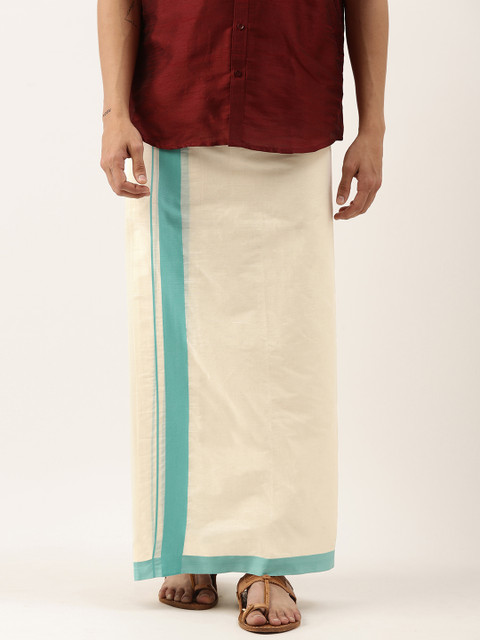 

Thangamagan Men Off-White & Blue Solid Cotton Fancy Border Dhoti With Stripe Detail
