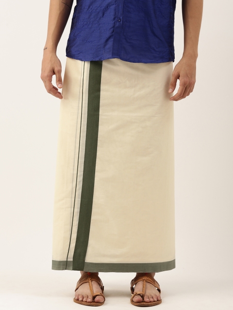 

THANGAMAGAN Men Off-White Solid Dhoti With Green Border