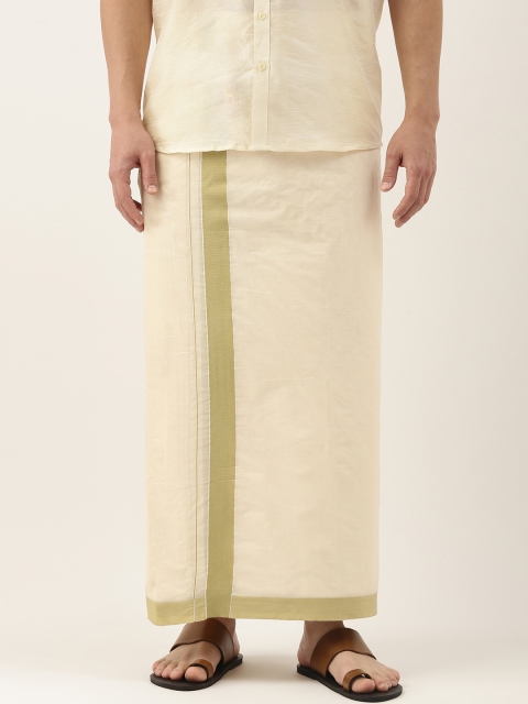 

Thangamagan Off-White & Lime Green Solid Cotton Fancy Border Dhoti With Stripe Detail