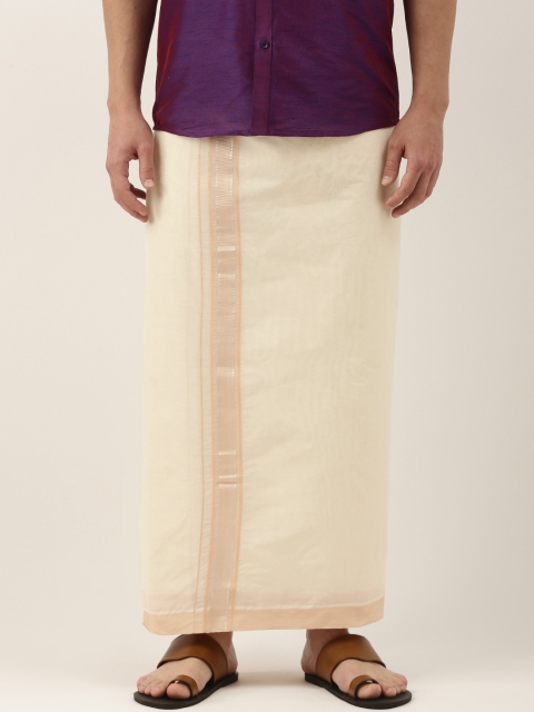 

Thangamagan Men Off-White & Pink Solid Cotton Fancy Border Dhoti With Stripe Detail