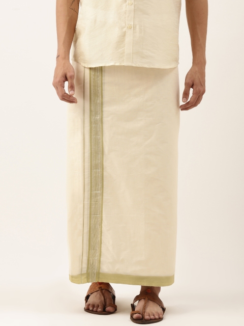 

Thangamagan Off-White & Green Solid Cotton Fancy Border Dhoti With Stripe Detail