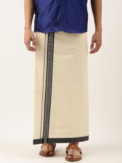 

Thangamagan Off-White & Black Solid Cotton Fancy Border Dhoti With Stripe Detail