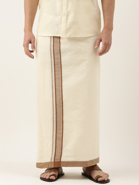 

Thangamagan Men Off-White Solid Dhoti with Brown Border