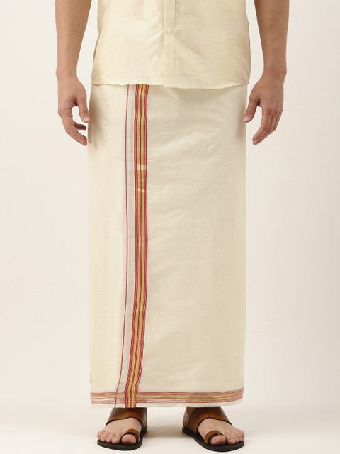 

THANGAMAGAN Men Off-White Solid Pure Cotton Dhoti with Fancy Border