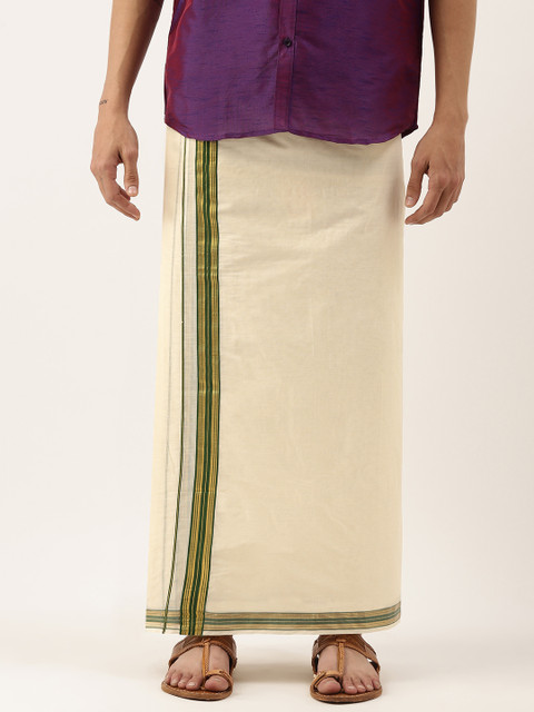 

THANGAMAGAN Men Off-White Solid Pure Cotton Dhoti with Fancy Border