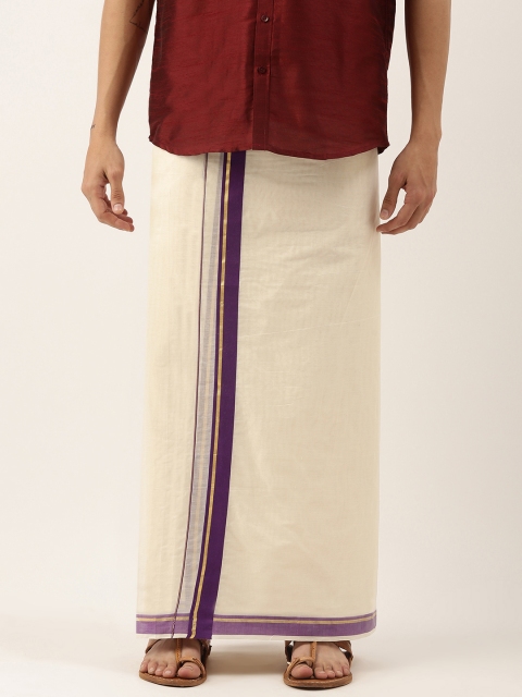 

THANGAMAGAN Men Off White Solid Cotton Dhoti with Border