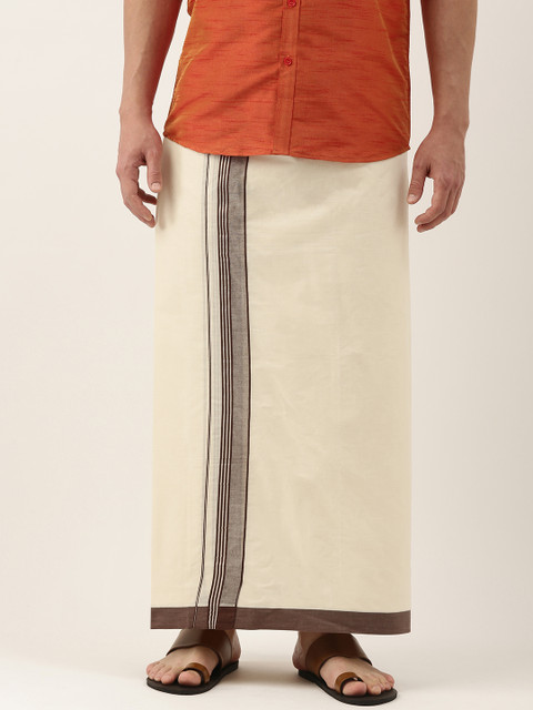 

THANGAMAGAN Men Off White Solid Cotton Dhoti with Border