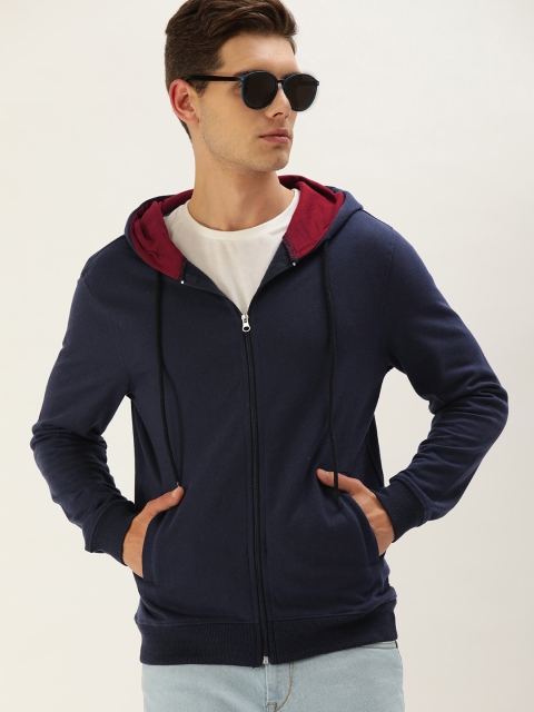 

IVOC Men Navy Blue Solid Regular Fit Front-Open Hooded Sweatshirt