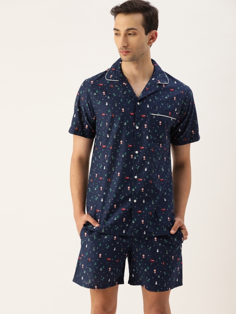 

Bene Kleed Men Navy Blue & Green Printed Night Suit With N9 Silver Anti Bacterial Finish