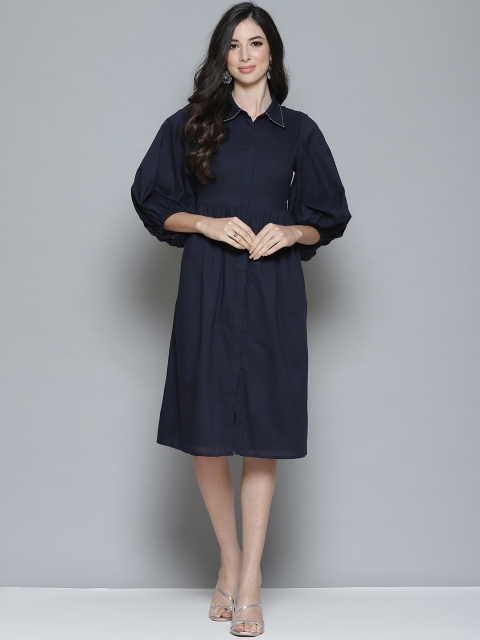 

Femella Navy Blue Pure Cotton Solid Shirt Midi Dress