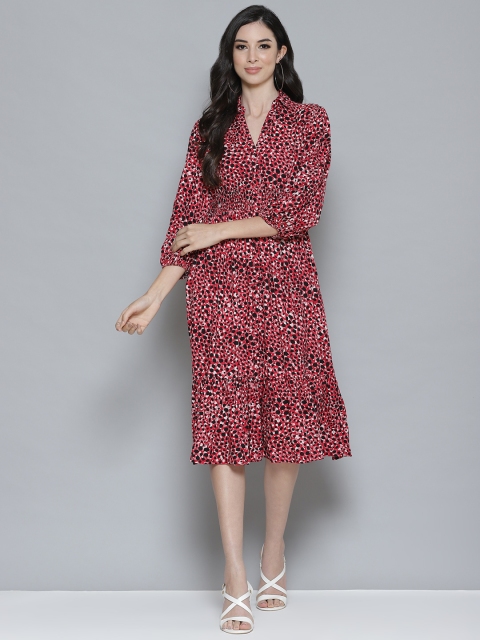 

Femella Women Pink & Black Animal Print Fit & Flare Smocked Midi Dress