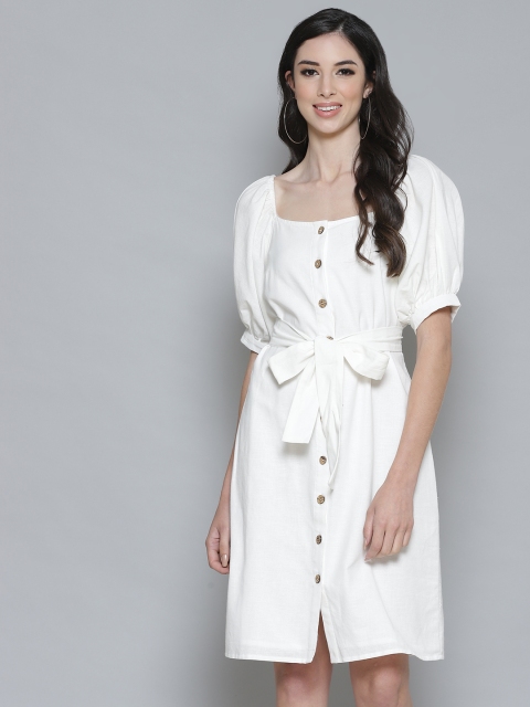 

Femella White Cotton Linen Solid A-Line Dress with Belt