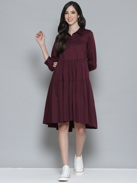 

Femella Maroon Tiered Shirt Dress