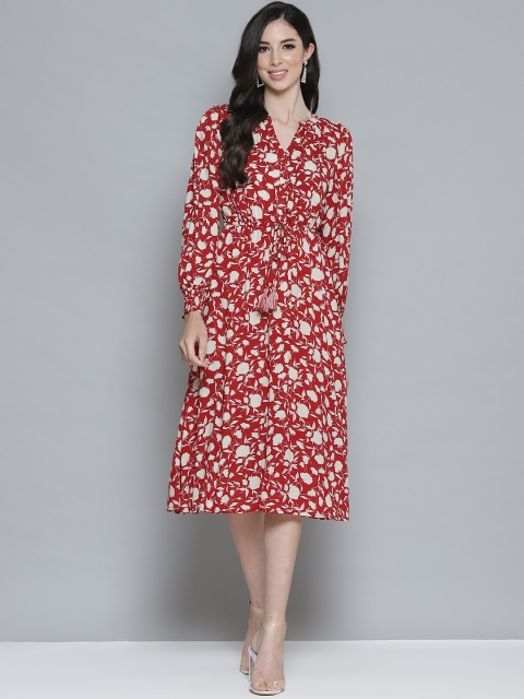 

Femella Red & Off White Floral Print A-Line Midi Dress with Tie-Up Detail