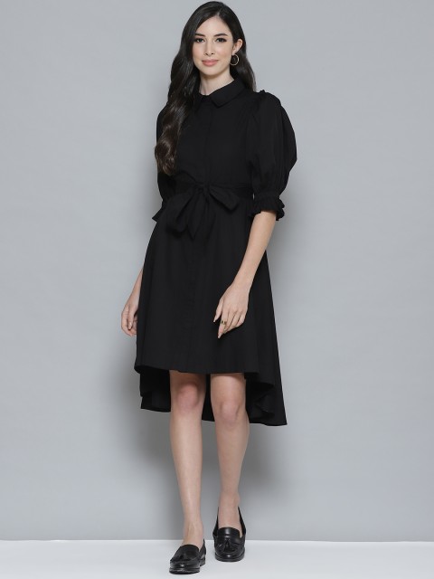 

Femella Black Pure Cotton Solid Shirt Midi Dress with Belt