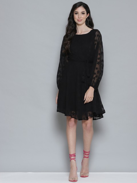 

Femella Black Star Dobby Patterned Fit & Flare Dress with Belt