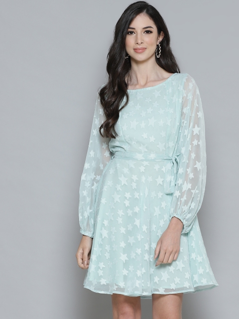 

Femella Sea Green Star Dobby Patterned Fit & Flare Dress with Belt