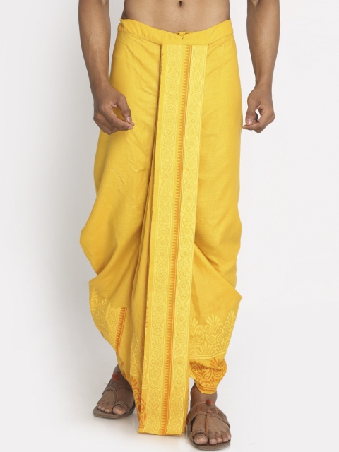 

Nakshi Men Yellow Solid Handblock Printed Pure Cotton Dhoti