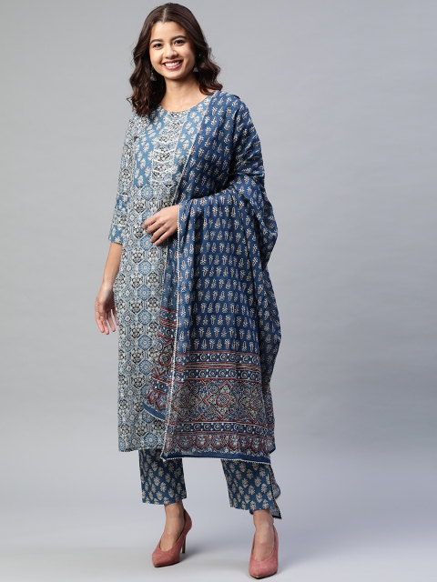 

Yuris Women Blue Ethnic Motifs Printed Regular Gotta Patti Pure Cotton Kurta with Trousers & With Dupatta