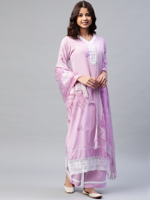 

Yuris Women Lavender Ethnic Motifs Yoke Design Regular Thread Work Pure Cotton Kurta with Palazzos & With