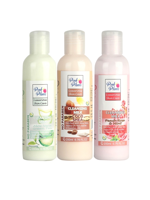 

Pink Plums Set of 3 Aloevera Cocoshea Peach Rose & Mint Cleansing Milk, Multi
